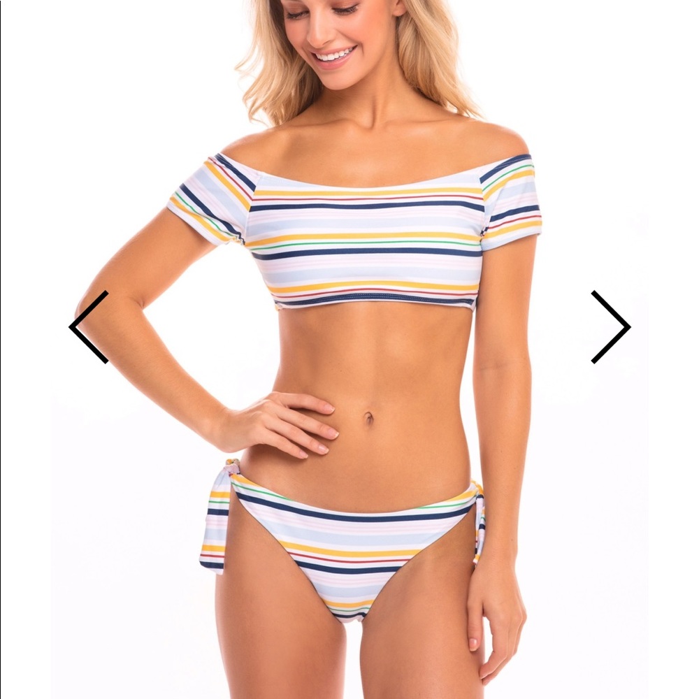 Striped Off-Shoulder Bikini Set in White with Multi Stripes